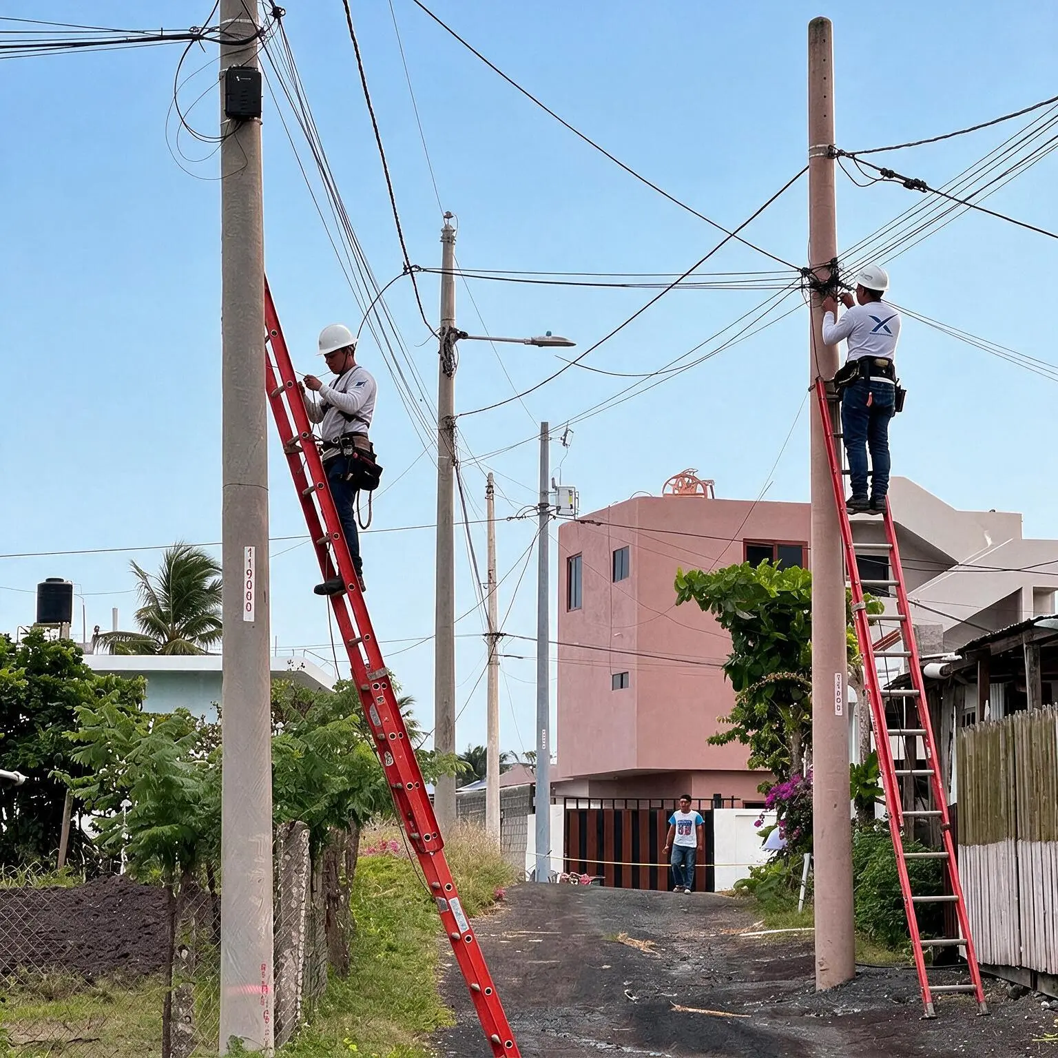 Técnicos de FLAI instalando cableado en postes